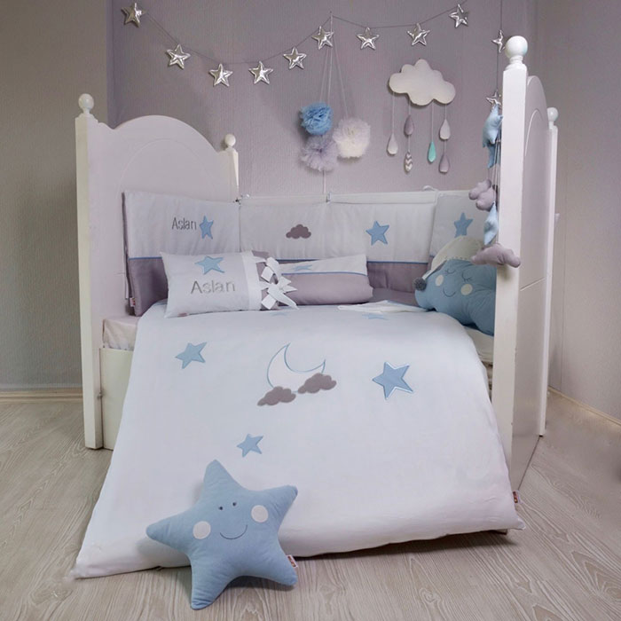 Yıldızlar Kişiye Özel Bebek Uyku Seti / Mavi Gri